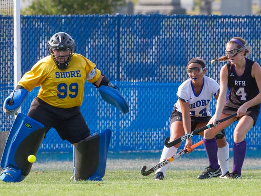 Shore goalie Mlly Santi watches a shot by Lily Croddick