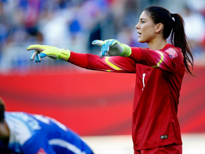 United States goalkeeper Hope Solo (1) directs the