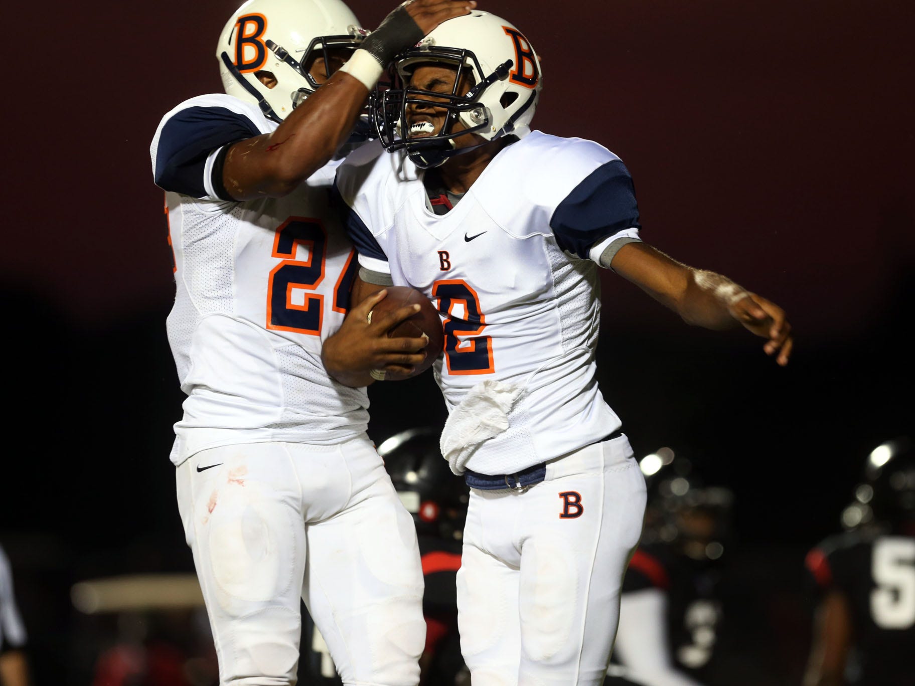 Blackman running back Charlie Davidson, left, and quarterback Jauan Jennings have had plenty to celebrate this season. The Blaze are No. 1 in The Tennessean’s Midstate Top 10.