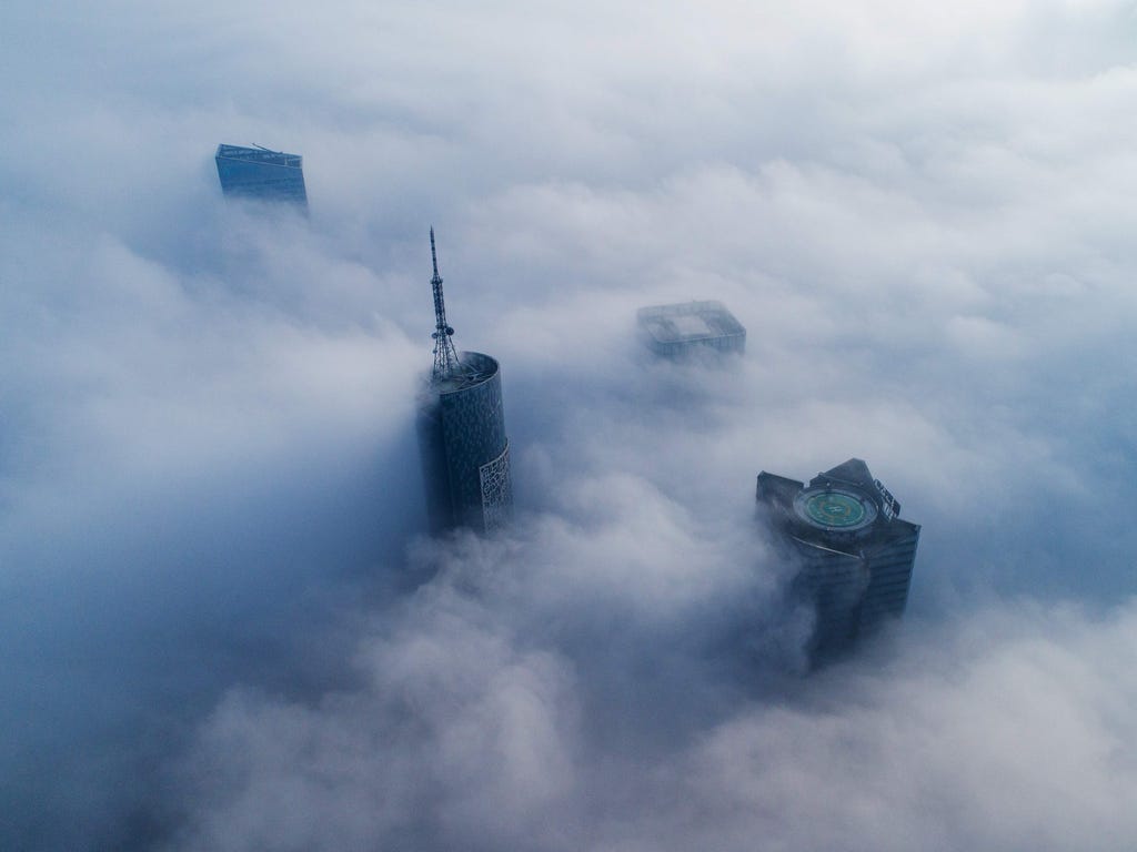 Skyscrapers are shrouded in fog in Hefei, in eastern China's Anhui province.