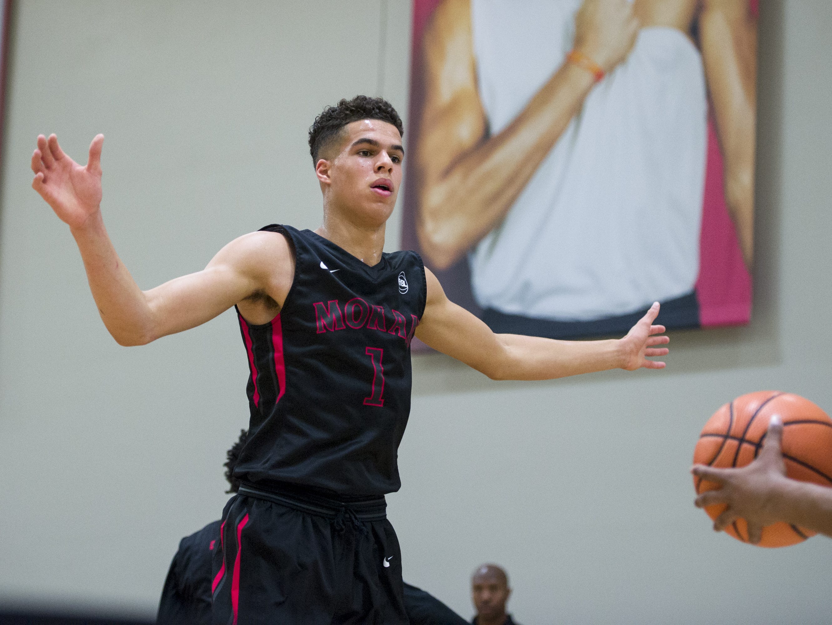 Michael Porter, Jr. (1), of Columbia, Mo., left, defends against the inbound pass during action at Grand Park's Jonathan Byrd Fieldhouse in Westfield April 23, 2016.