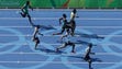 Runners compete in a men's 100m preliminary round heat