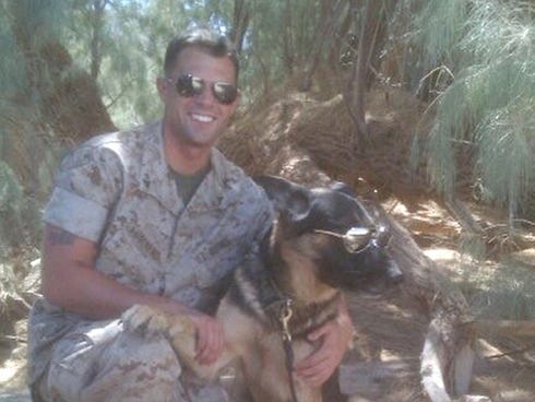 Jeremy Angenend and his combat dog, Fito, in Twentynine Palms, Calif., just before they deployed to Afghanistan in 2010.