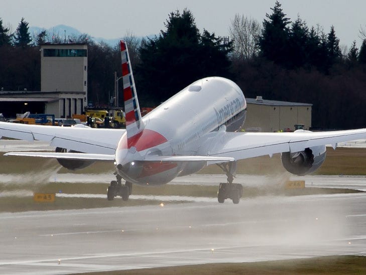 American Airlines' first Boeing 787 Dreamliner takes off for a test flight from Boeing's widebody factory in Everett, Wash., on Jan. 6, 2015.