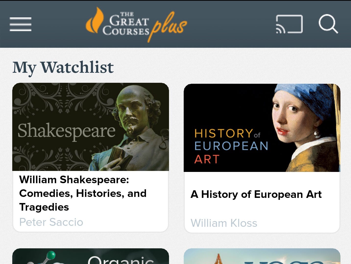 The Great Courses Plus app and its Watchlist feature on an Android devices.