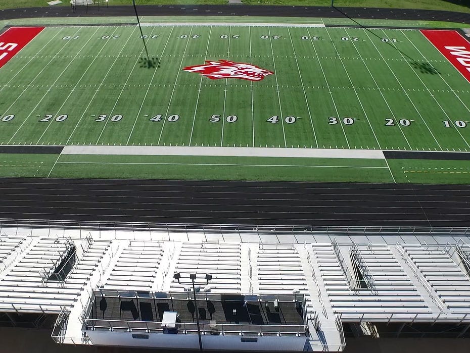 An aerial photograph shows what used to be the turf at University of Cincinnati installed at Reeds Spring High School and made over for the Wolves.