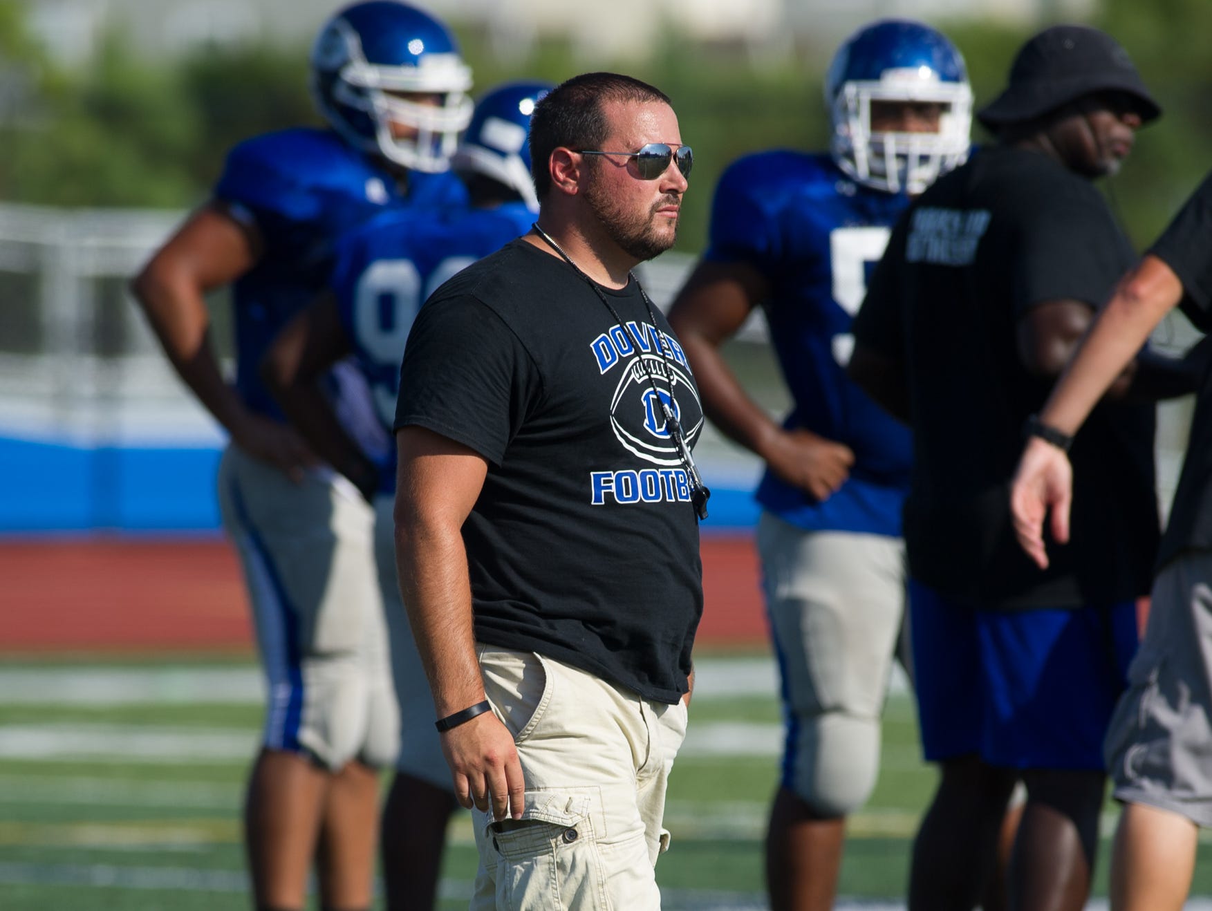 Dover High School's new football coach Rudy Simonetti during their pre season scrimmage against Archmere.