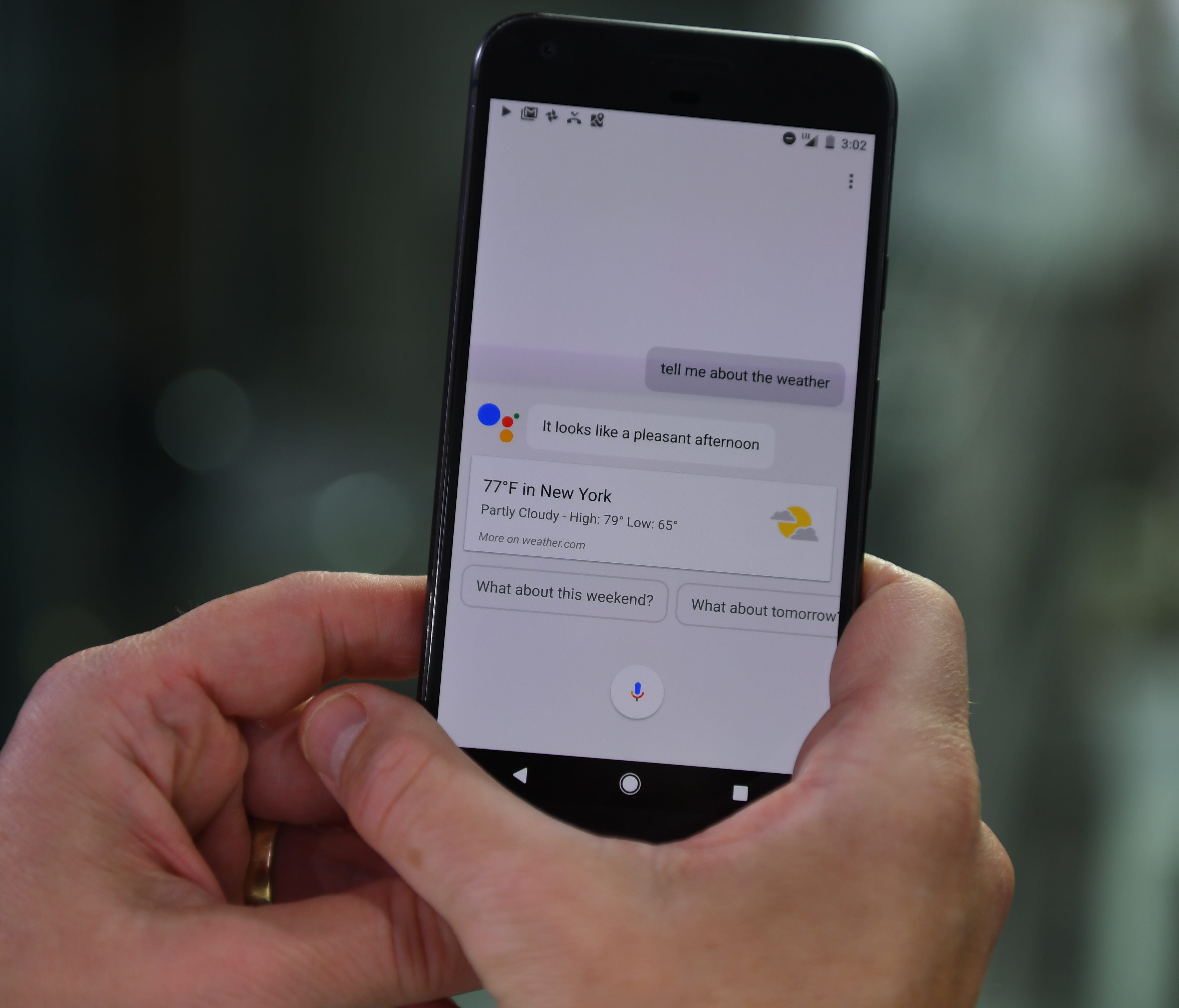 Google Assistant delivers the weather on a Google Pixel.