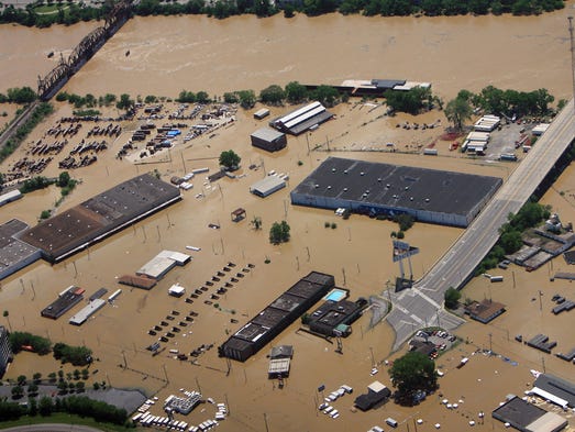 Water from the Cumberland River floods First Avenue