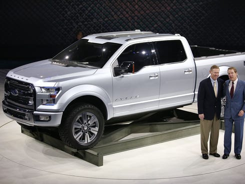 Alan Mulally (left), Ford CEO, with Bill Ford, executive chairman, with the Atlas Concept pikcup truck, a hint of the coming new F-series trucks, at its unveiling at the Detroit auot show last January.