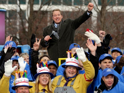 Ford Executive Chairman Bill Ford tapes a public service announcement aboard the automaker's new float for America's Thanksgiving Parade outside the automaker's world headquarters in Dearborn, Mich., last month