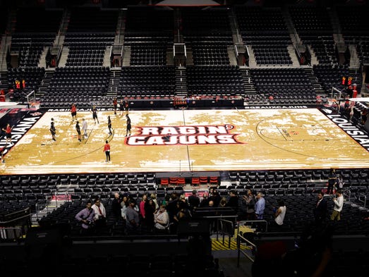 A straight-on top-level view of the new Cajundome court