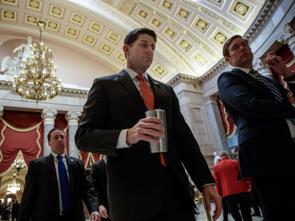 House Speaker Paul Ryan of Wis. walks to his office on Capitol Hill in Washington on March 23, 2017, as he and the Republican leadership scramble for votes on their health care overhaul in the face of opposition from reluctant conservatives in the Ho