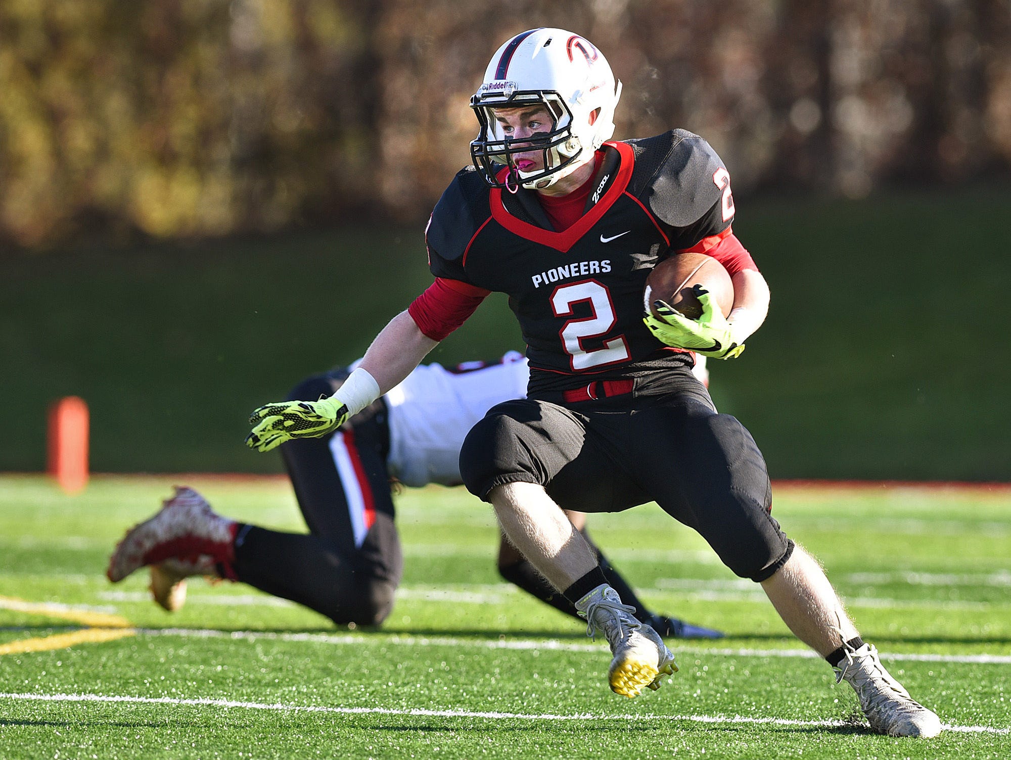 Pierz's Derick Hall breaks an Annandale tackler and looks for an open lane to run in the first half Oct. 4 at Husky Stadium. The PIoneers play Tri-City United in the Class 3A state semifinals at 7 p.m. Friday at Park Center High School in Brooklyn Park.