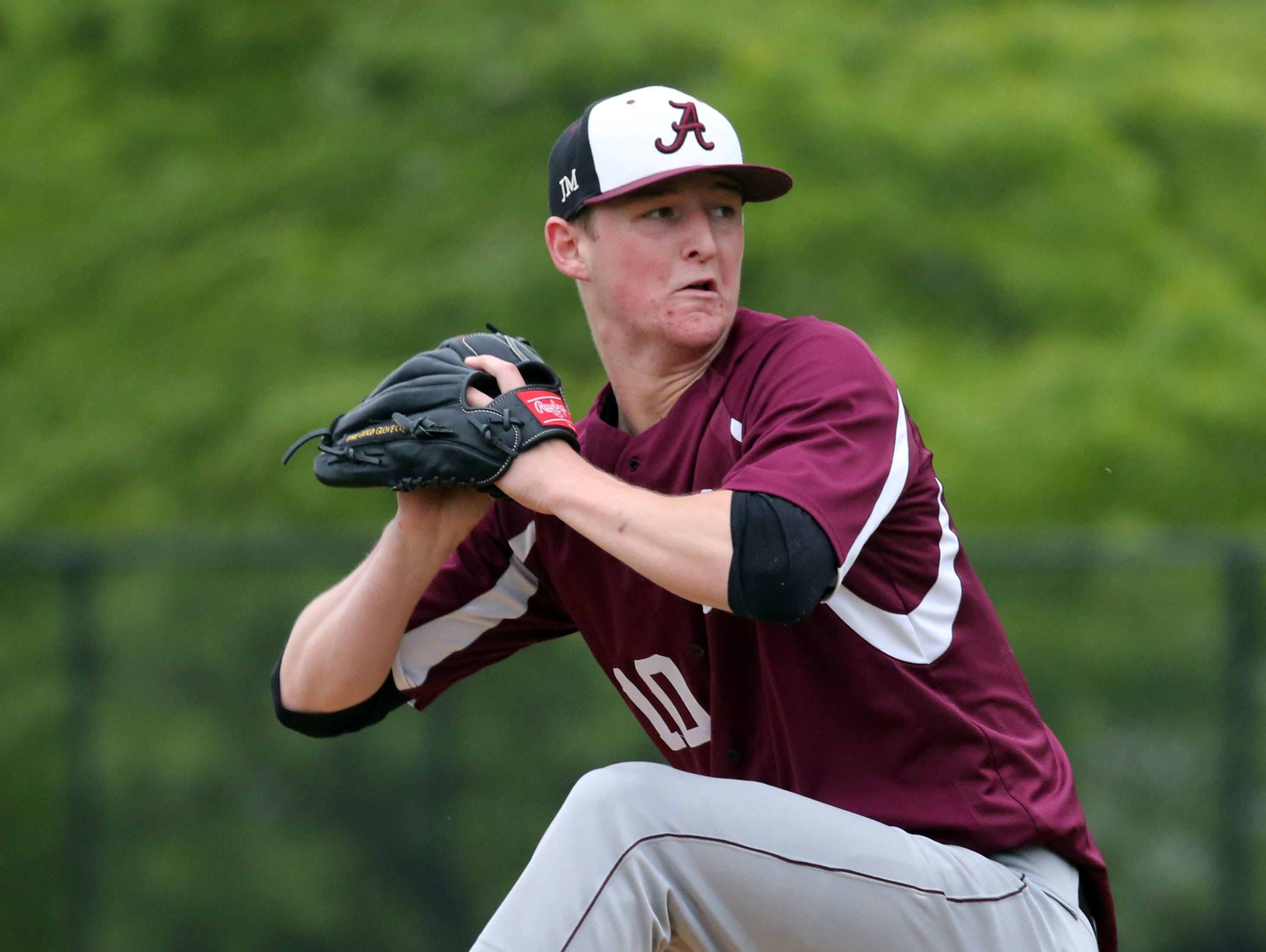 Albertus Magnus pitcher James Reilly delivers a pitch to Ardsley during their Class B game at Ardsley High School, May 21, 2016.