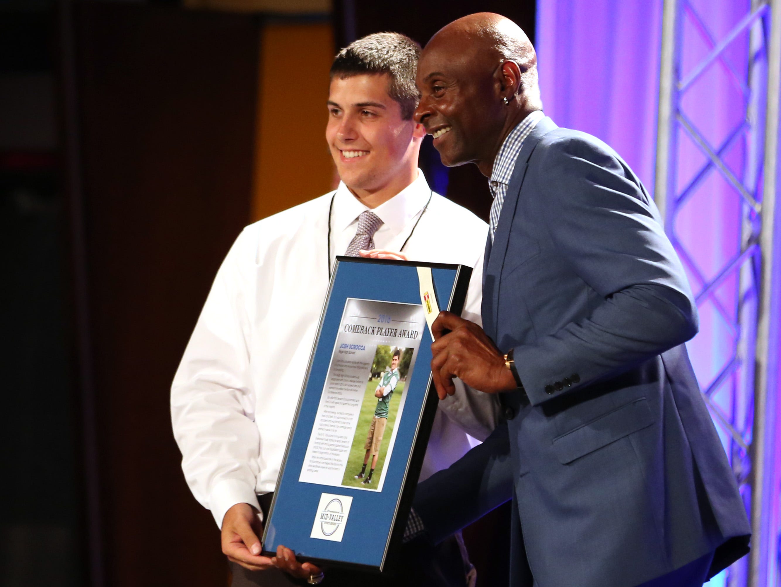 Regis's Josh Scrocca receives the Comeback Player Award during the Mid-Valley Sports Awards banquet on Tuesday, June 7, 2016, at the Salem Convention Center.