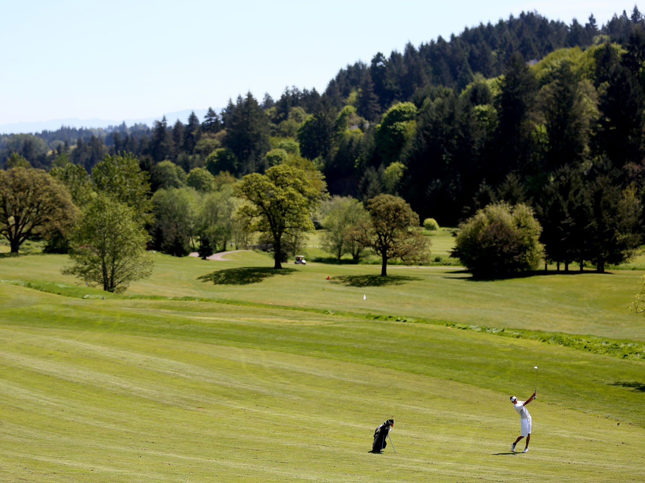 West Albany’s Jaxson Daskalos competes Monday, April 27, in the final regular-season Greater Valley Conference boys golf meet at Creekside Golf Club in Salem.