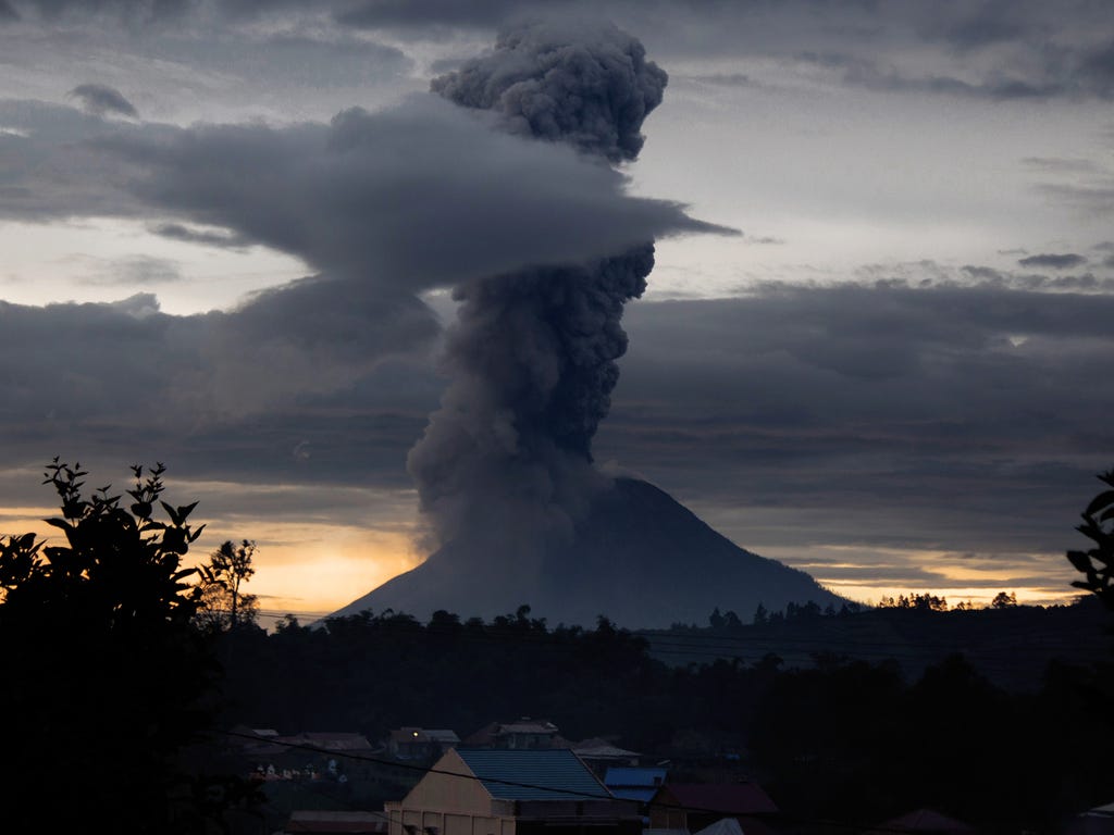Mount Sinabung volcano spews thick volcanic ash, as seen from Brastagi, in Karo, North Sumatra province, Indonesia. Sinabung roared back to life in 2010 for the first time in 400 years. After another period of inactivity, it erupted once more in 2013