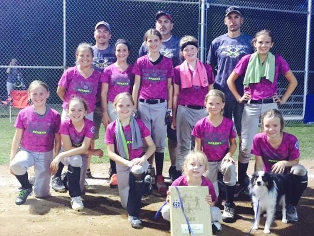 The Tri-County Sparks won five games Sunday to capture the North Arkansas Babe Ruth 10-and-under softball state championship. The Sparks defeated Siloam Springs 15-0, but fell 5-4 to Gravette in the winner’s bracket semifinal on Saturday. The Tri-County girls fought through the loser’s bracket Sunday, defeating the Harrison Diamond Divas 7-3, the Gentry Lady Rebels 19-1, and the Gentry Pride 14-3 to secure a rematch in the finals. Tri-County defeated Gravette twice, 13-3, 11-1, to capture the state title. Team members are: first row, from left, Lauren Skaggs, Andrea McCandlis, Chelsea Hamilton, Merical Watts, Emily Taylor; second row, Nicole McGill, Morgan Johnson, Jenna Lawrence, Sara Crowe, Bailee Duhme; back row, coaches Corey Johnson, Andy McCandlis and Garry Duhme. Also pictured are bat girl Emilee Duhme, front, and team mascot, Willie.