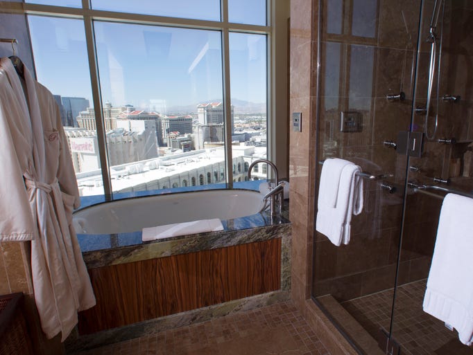 A bathroom is shown in a Chairman Suite at the Venetian