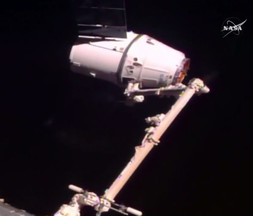 The SpaceX Dragon capsule flying the CRS-10 cargo resupply mission was captured by the International Space Station's robotic arm at 5:44 a.m. EST Thursday, Feb. 23, 2017.
