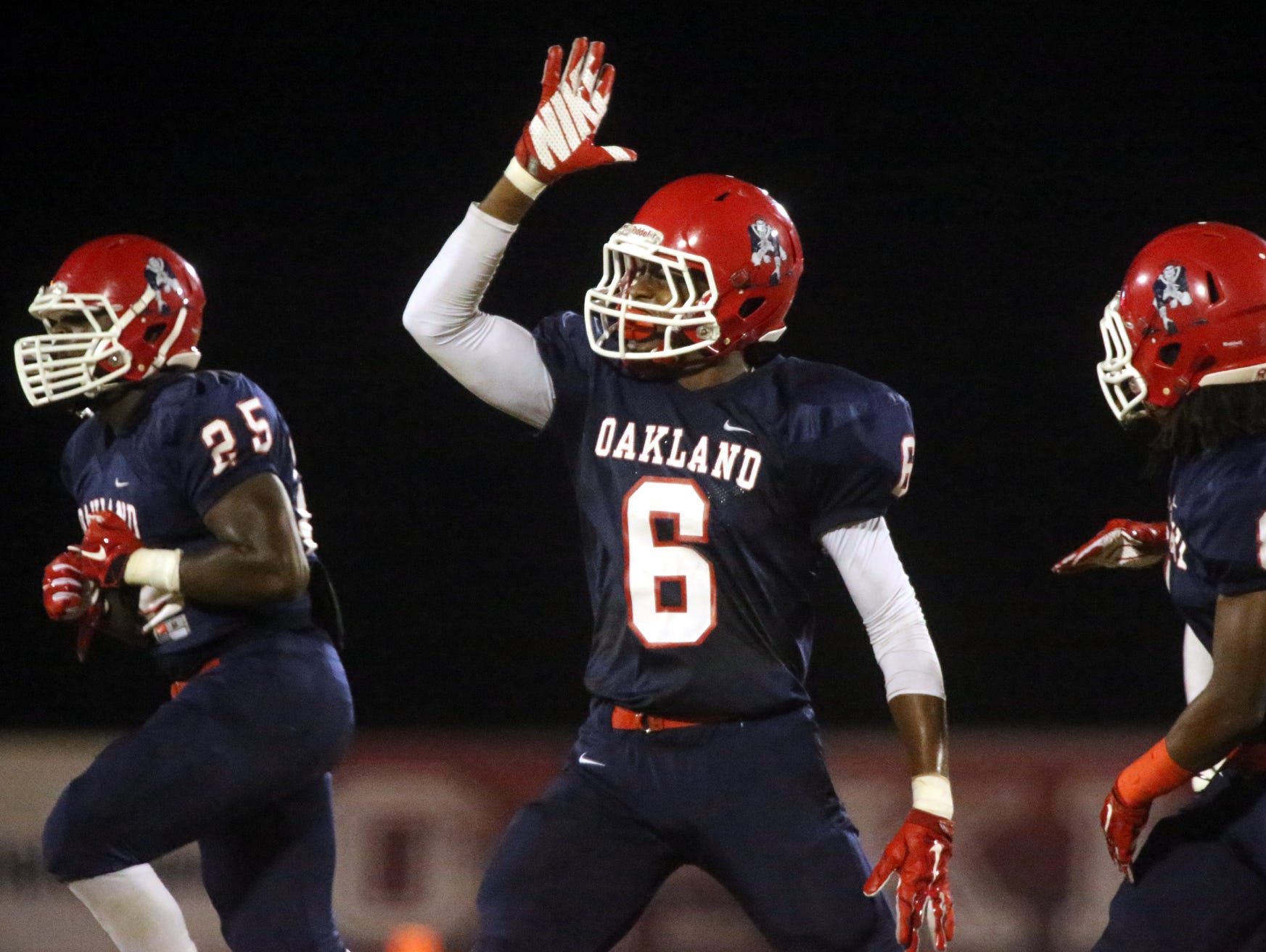 Oakland's Kaleb Oliver (6) celebrates making an interception during the game against Blackman. Oliver committed to Mississippi State on Wednesday.
