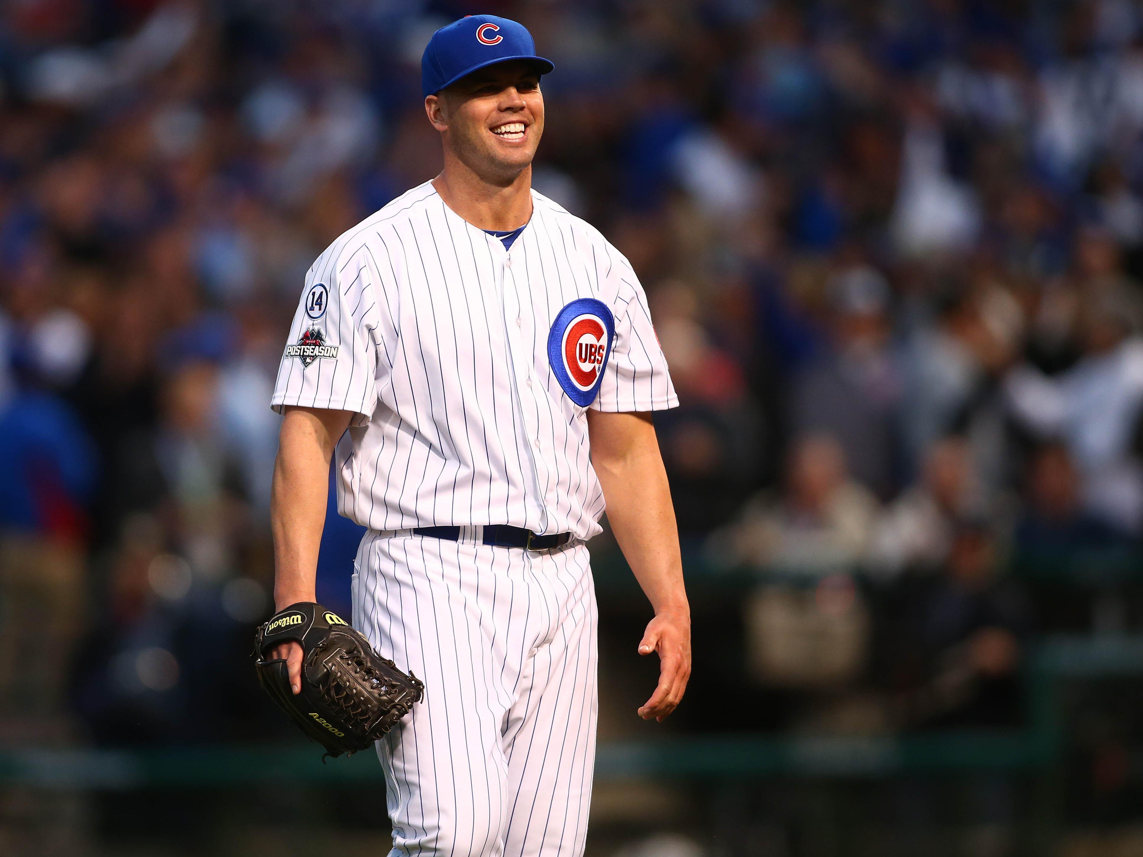 Chicago Cubs relief pitcher Clayton Richard (33) reacts after he pitches the seventh inning against St. Louis Cardinals in game four of the NLDS at Wrigley Field.