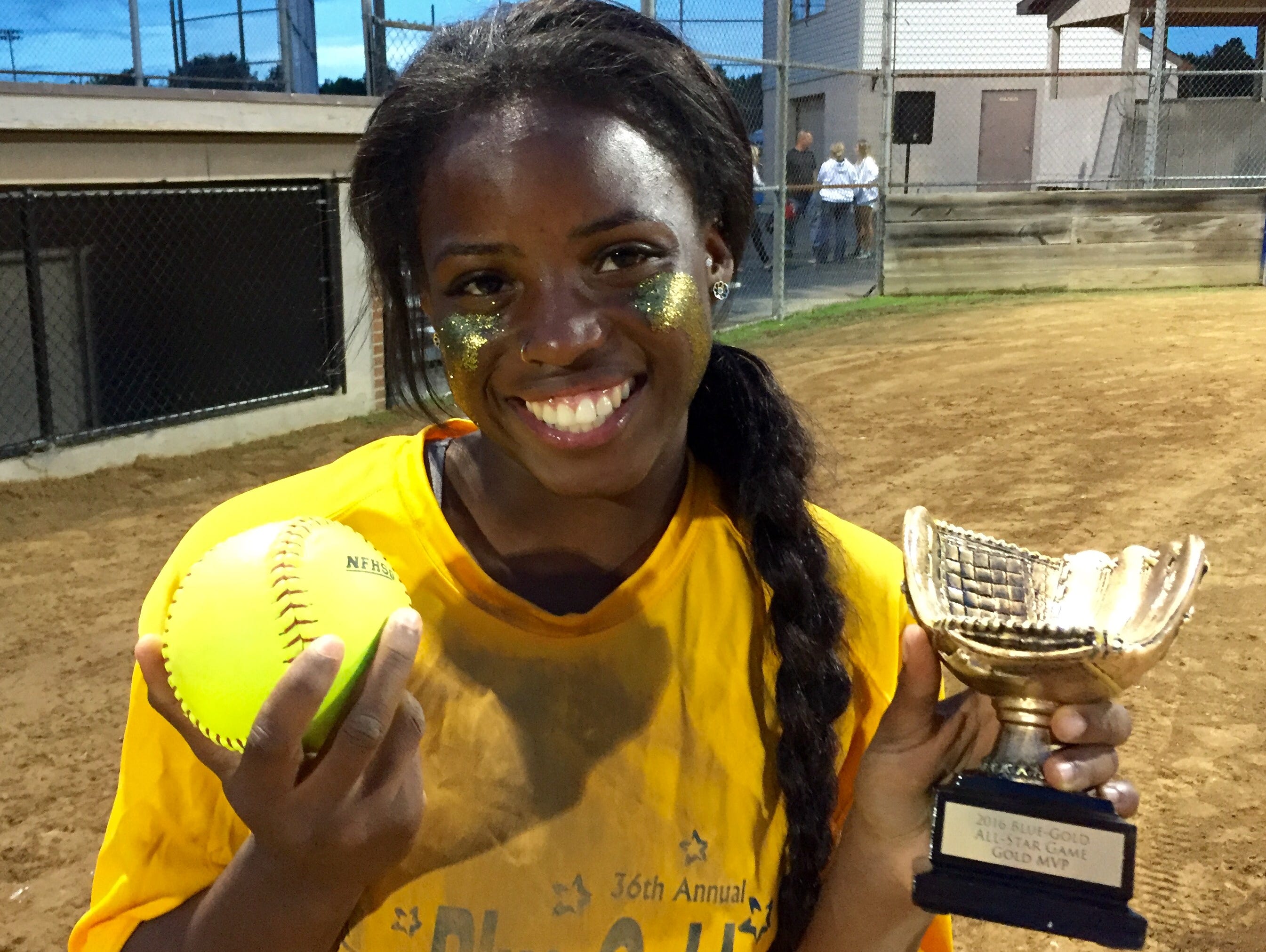 Caesar Rodney's Rosa'Lynn Burton was named Gold MVP after getting two hits, stealing two bases and scoring two runs in her team's 6-5 win in the Blue-Gold softball game.