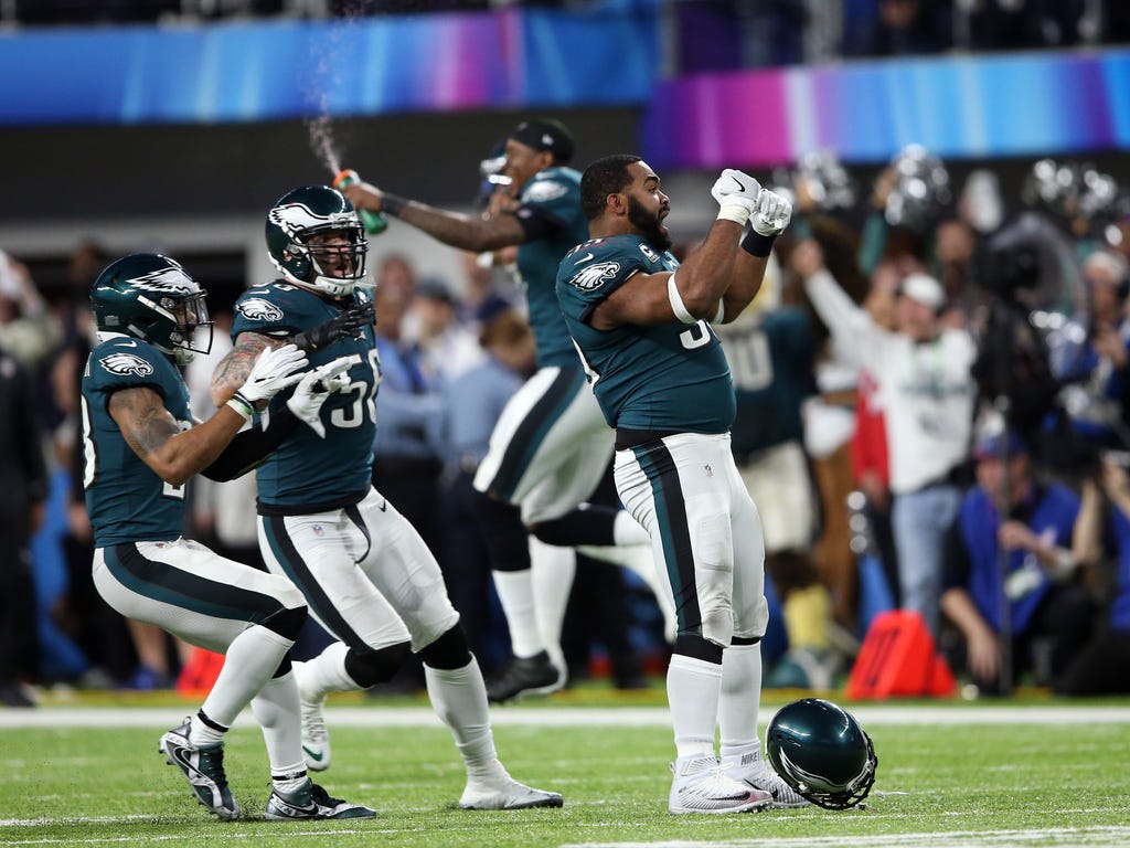 Philadelphia Eagles defensive end Brandon Graham (55) celebrates after causing New England Patriots quarterback Tom Brady to fumble during the fourth quarter in Super Bowl LII.