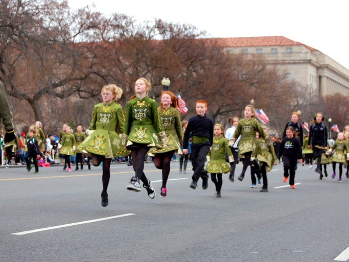 Young dancers perform before the judges at the St. Patrick's Day parade along Constitution Ave Sunday