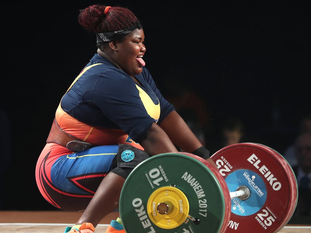 Lisseth Betzaida Ayovi Cabezas from Ecuador during the women's 90+ kg weight class competition at the Weightlifting World Championships at the Anaheim Convention Center in Anaheim, Calif.