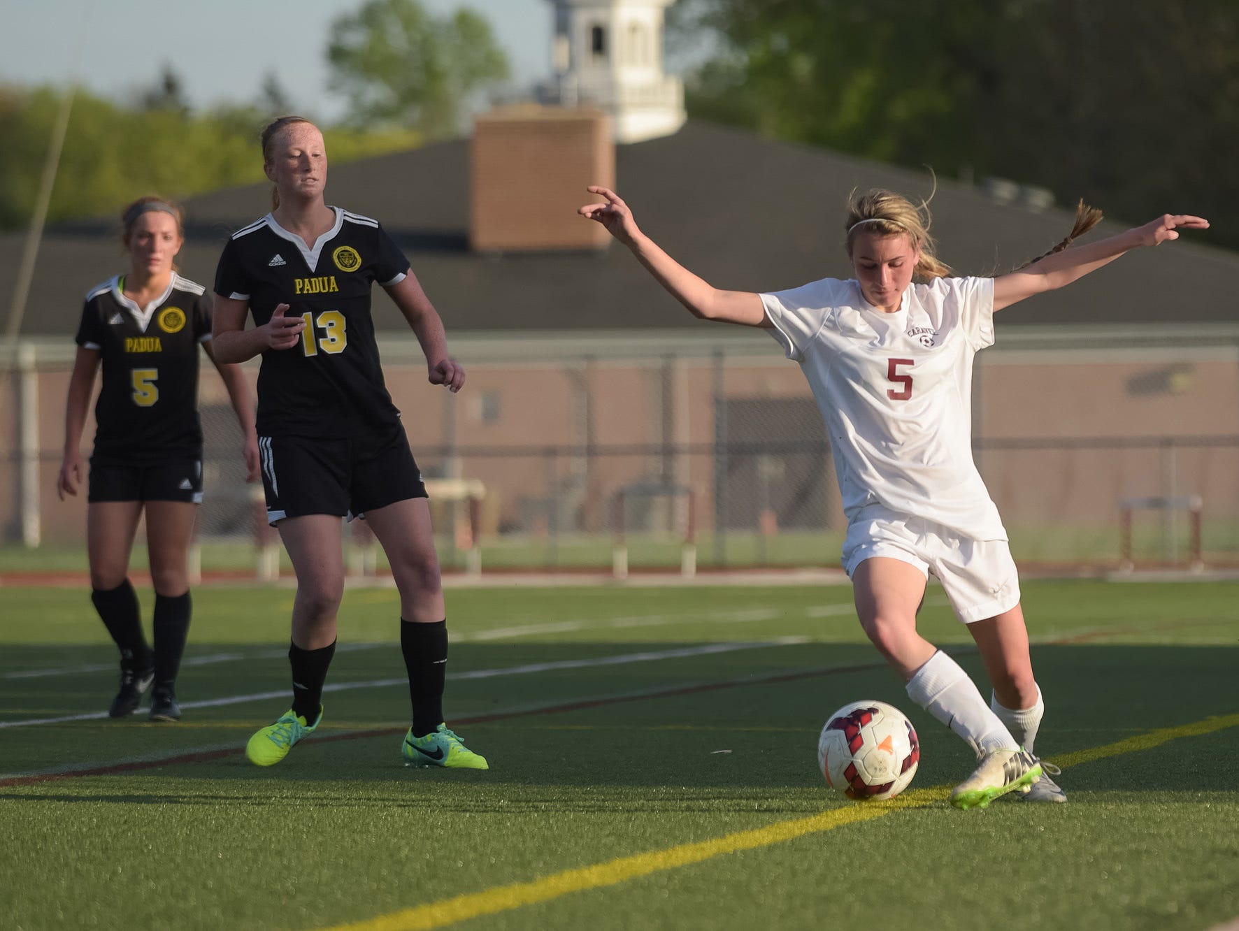 Caravel's Macie Pennington (5) scored a goal to help the Buccaneers reach the DII title game against Indian River.