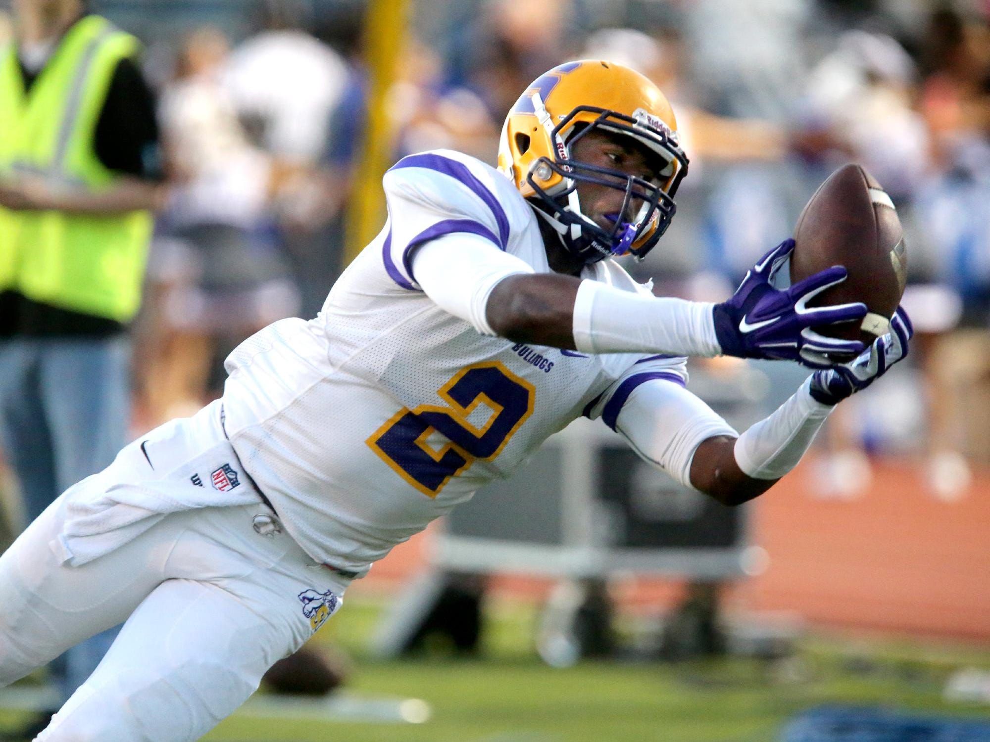 Smyrna's Ikenna Okeke makes a diving catch 2 yards from the end zone during the La Vergne vs. Smyrna game at La Vergne Friday.