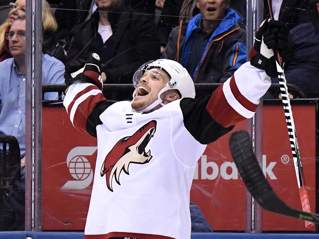 Arizona Coyotes forward Max Domi celebrates after scoring a goal against Toronto Maple Leafs in the third period at Air Canada Centre in Toronto.
