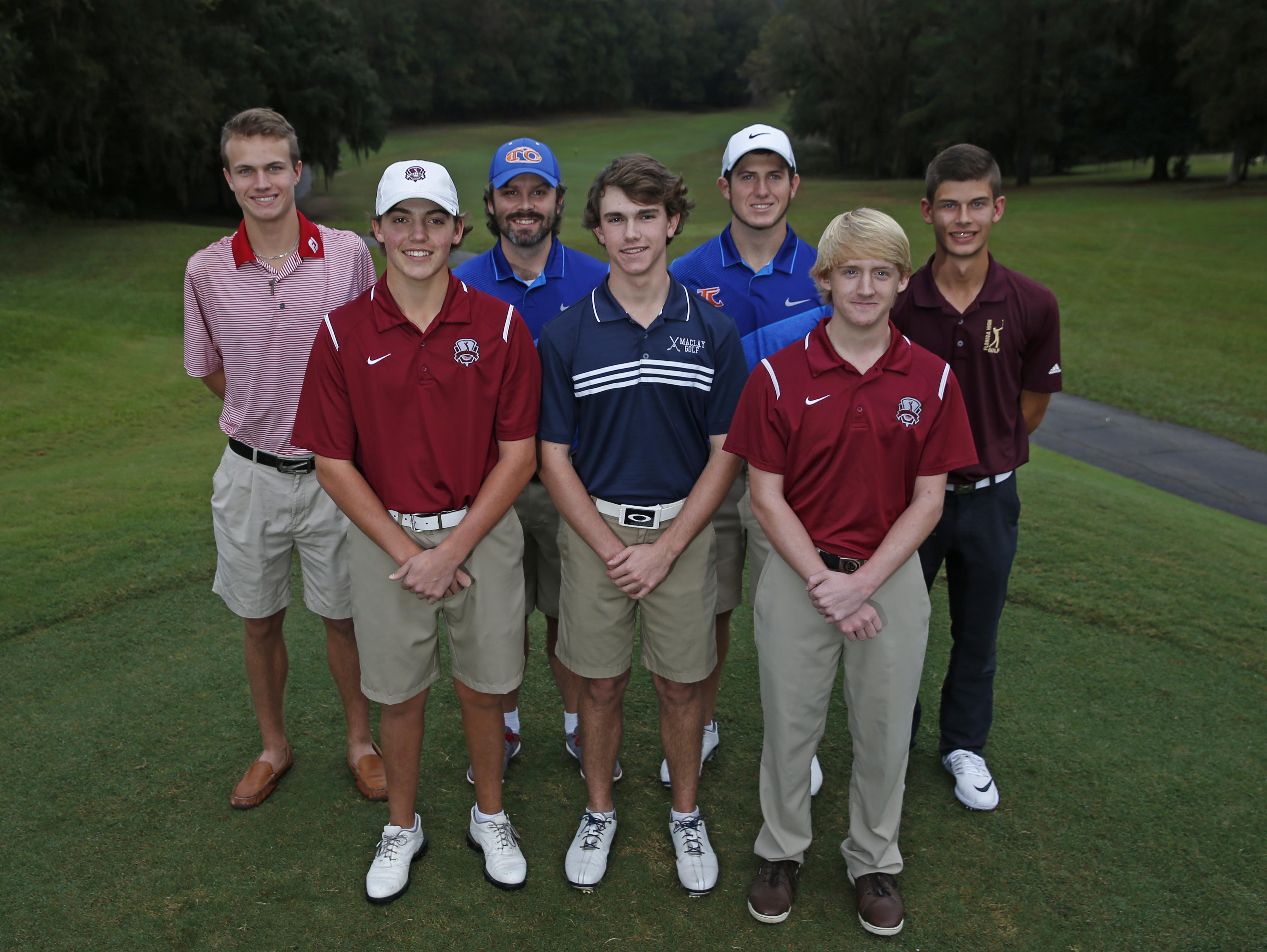 The 2015 All-Big Bend boys golf first team. Front row, from left: Connor Futrell (Chiles), Bryson Bianco (Maclay), Bryce Johnson (Chiles); Back row, from left: Jordan Jones (Leon), Coach of the Year John Carson (Taylor County), Player of the Year Cole Wentworth (Taylor County), Stephen Davis (Florida High)