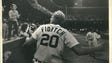 Mark Fidrych answers cheering crowd of 47,853 at Tiger