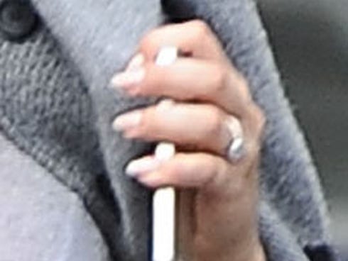 A close-up of Kaley Cuoco's engagement ring.