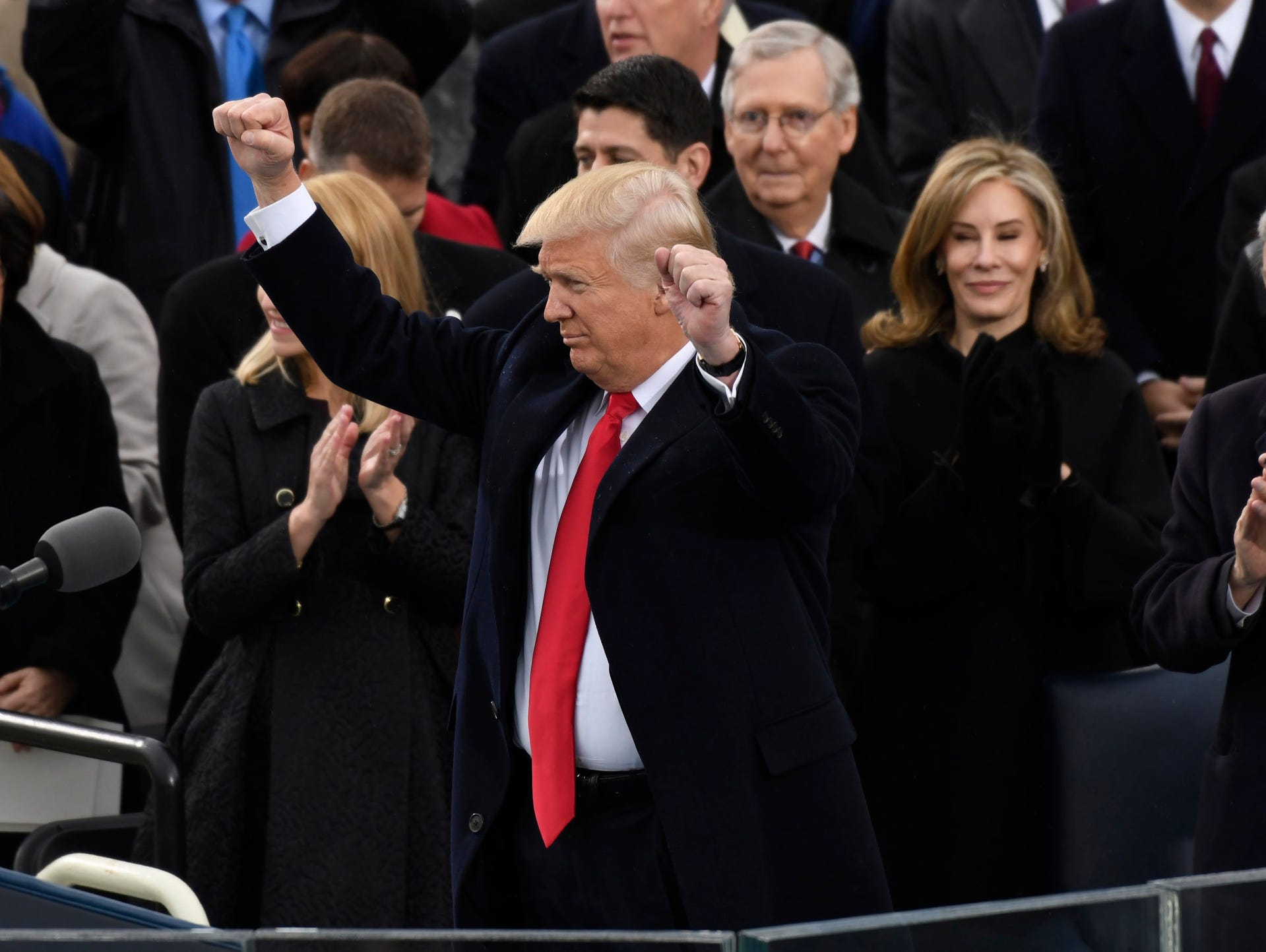 President Donald Trump acknowledges the crowd after