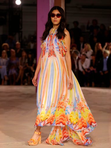 Colors swirl around model at the Temperley show.