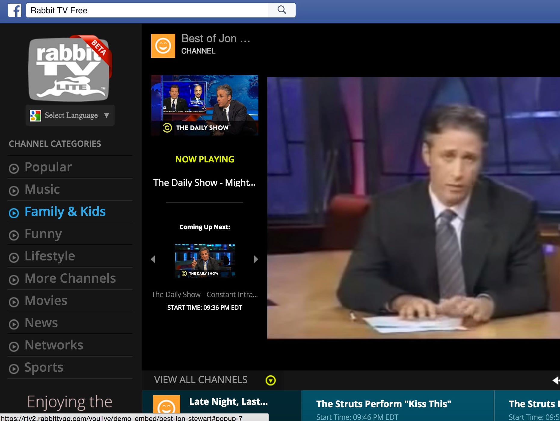 A screen shot of Rabbit TV app on Facebook.