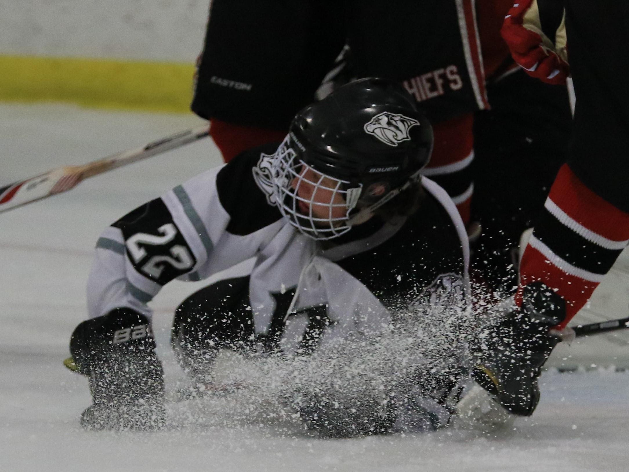 Plymouth’s Jake Silvester hits the ice Wednesday, but he got revenge by scoring two goals in the third period.