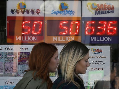 Two women walk past lottery signs, including the $636 million Mega Millions lottery, outside of Lucky Spot in San Francisco, Tuesday.