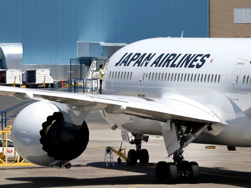 A Japan Airlines Boeing 787 near at Terminal E at Logan International Airport in Boston on July 19, 2013.