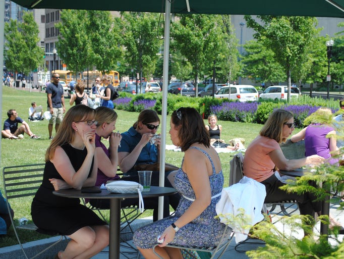 Take a break from busy Boston with lunch in Dewey Square Park.