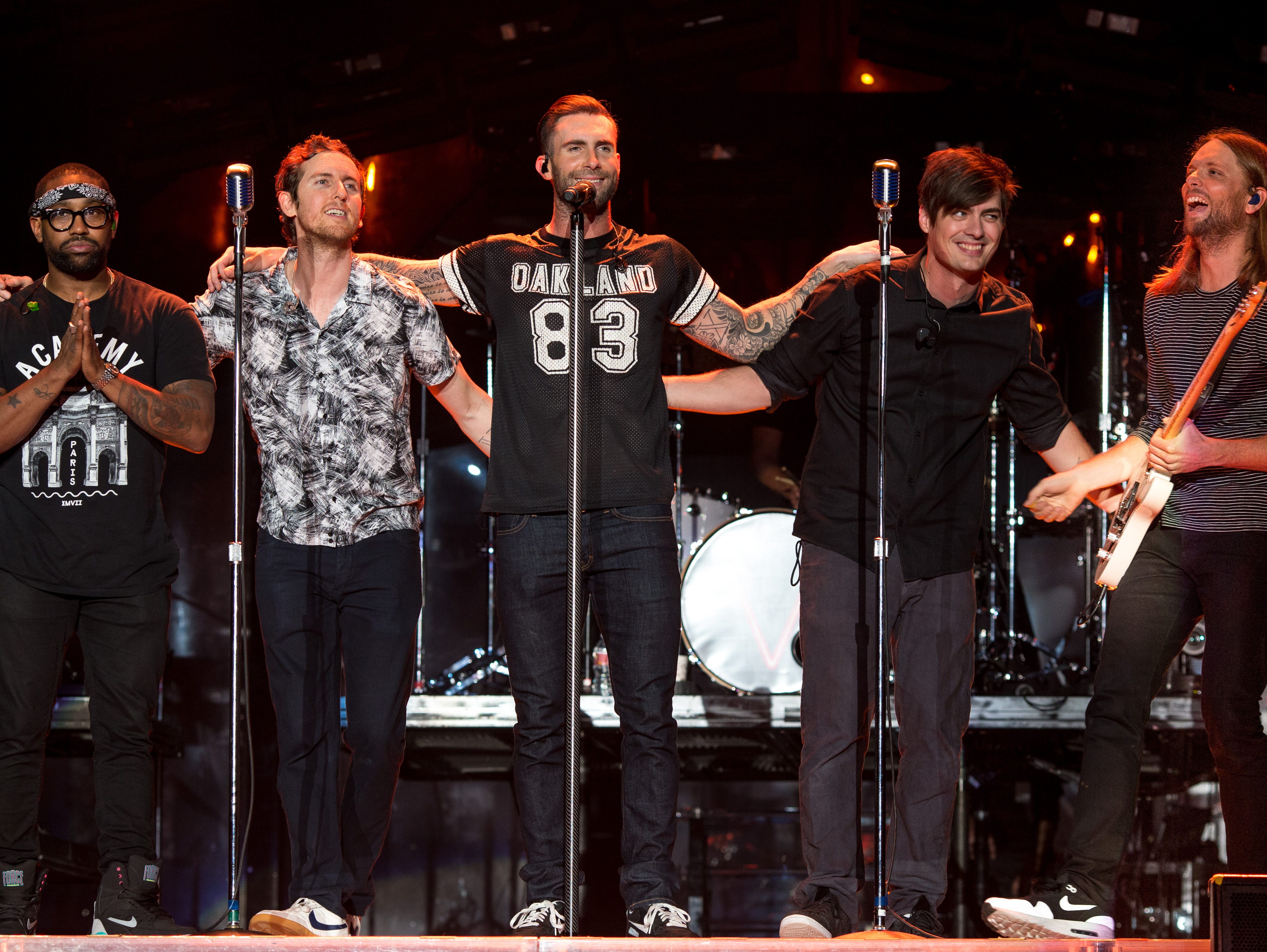 The members of Maroon 5, from left: PJ Morton, Mickey Madden, Adam Levine, James Valentine and Jesse Carmichael, and Matt Flynn.