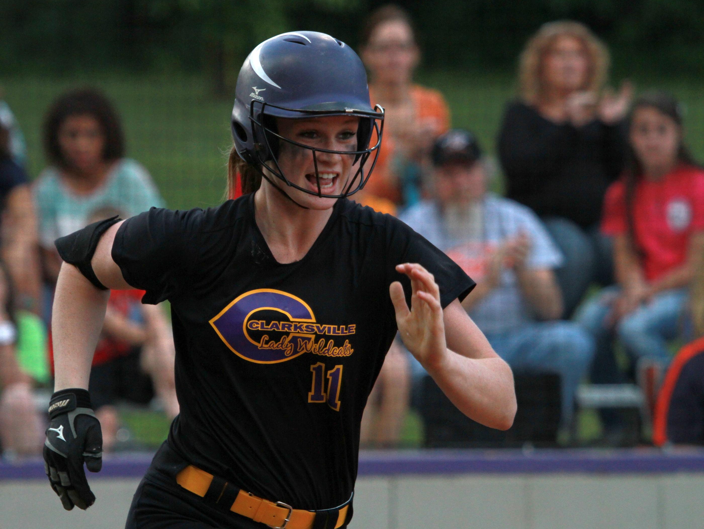 Clarksville High’s Haley Bearden runs to first base during the Region 5-AAA championship against Dickson County two years ago. Bearden was the lone Montgomery County representative named to the TSWA’s All State softball team.