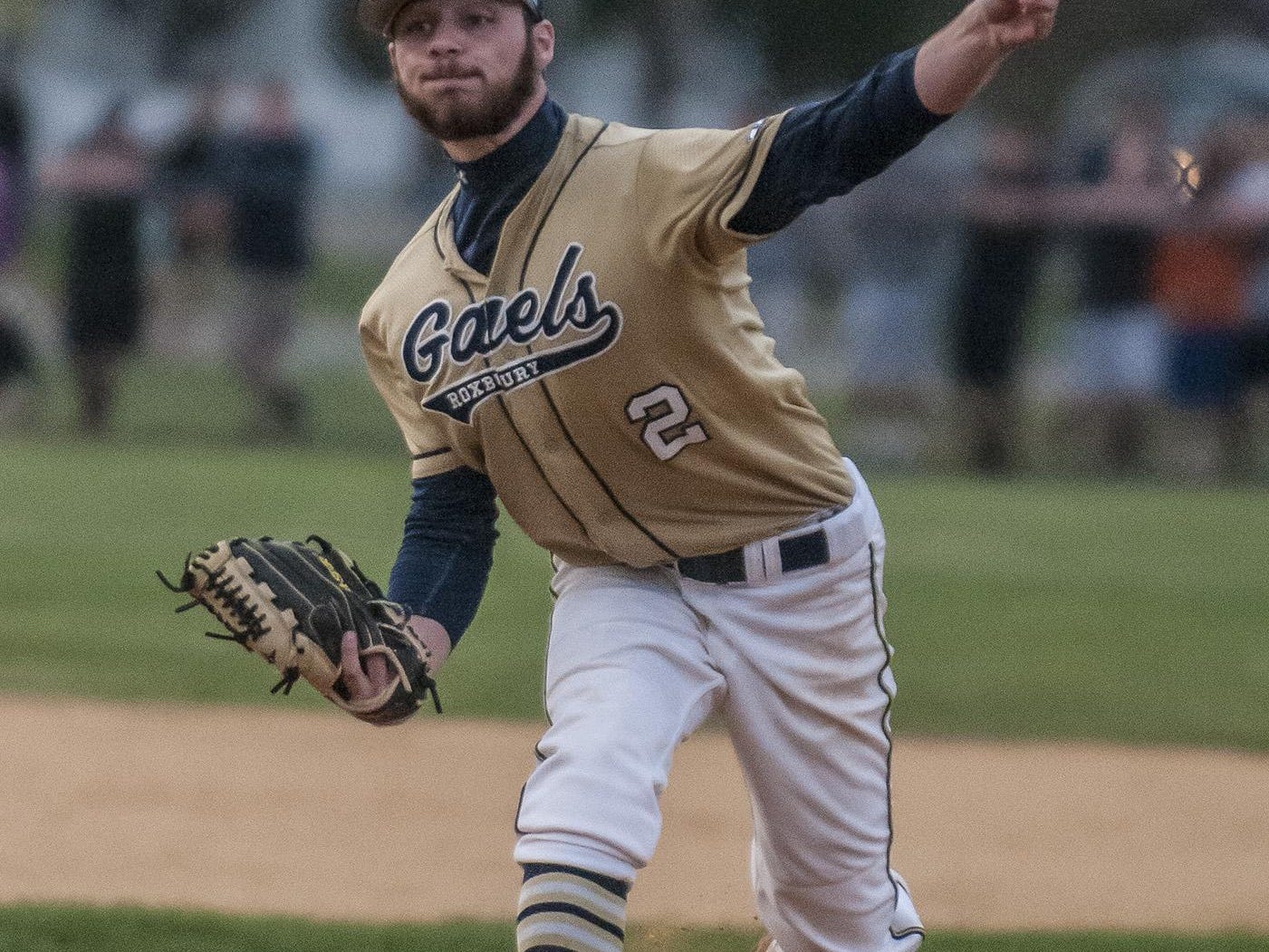 Roxbury starting pitcher Alex Busby (2) hurls one home at the 48th Annual Morris County Baseball Tournament Championship game at Horseshoe Lake Park in Roxbury, May 9, 2015. Photo by Warren Westura for the Daily Record.