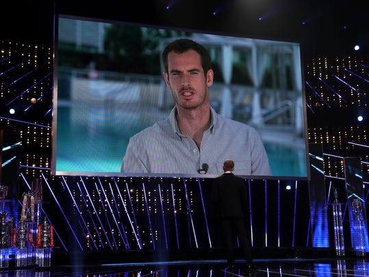 Andy Murray is interviewed by Gary Lineker over a video link prior to the announcement of him winning the BBC Sports Personality of the Year 2016 at The Genting Arena, Birmingham, England,  Sunday Dec. 18, 2016. (David Davies/PA via AP)