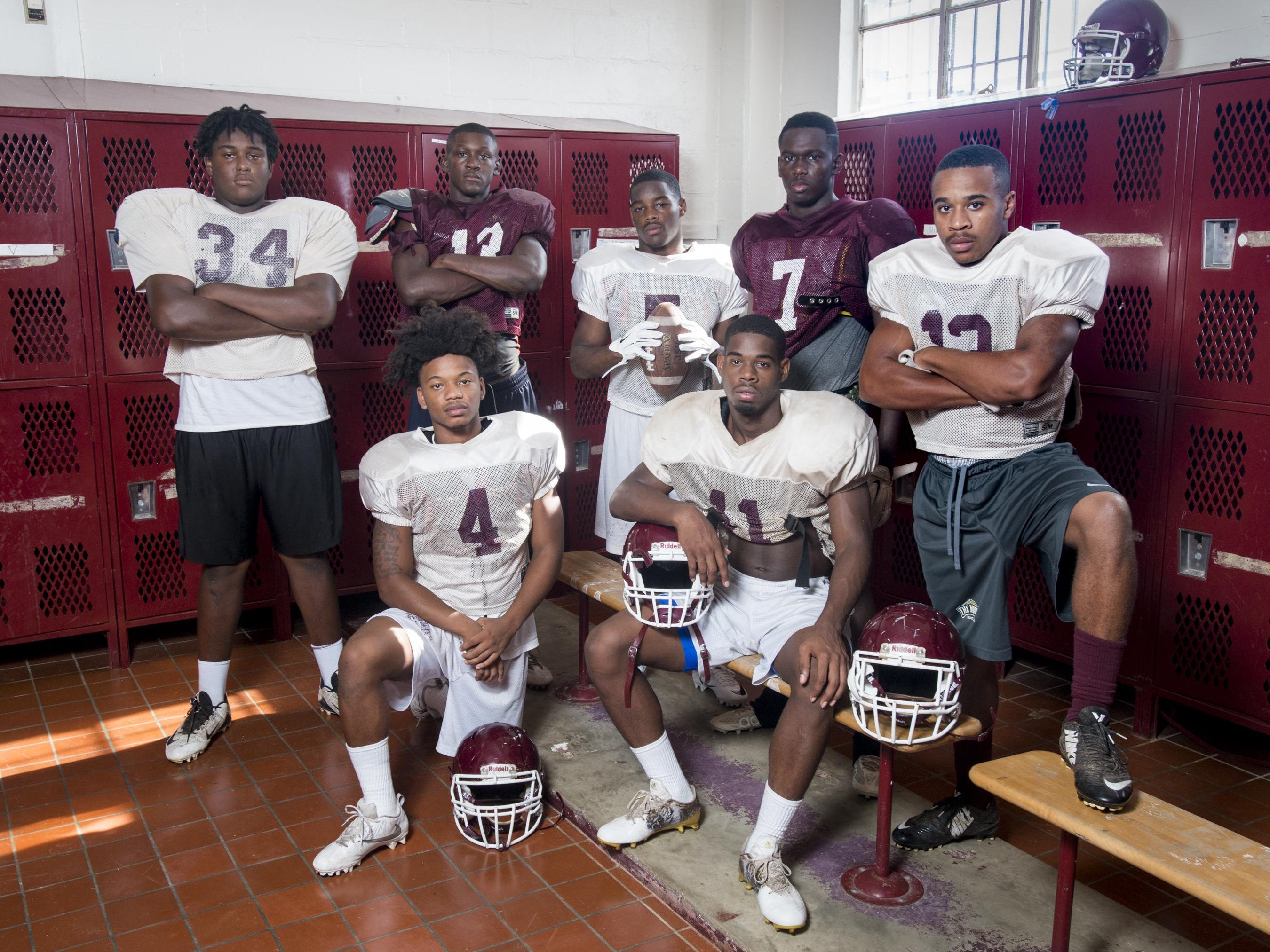 Pensacola High School football players (clockwise from top left) Adrian Medley (34), Robert Reeves (13), Boston Robinson (5), Trezon House (7), Freddie Hughley (13), Walter Granderson (11), and Jaylen Washington (4) in Pensacola, FL on Monday, August 15, 2016.