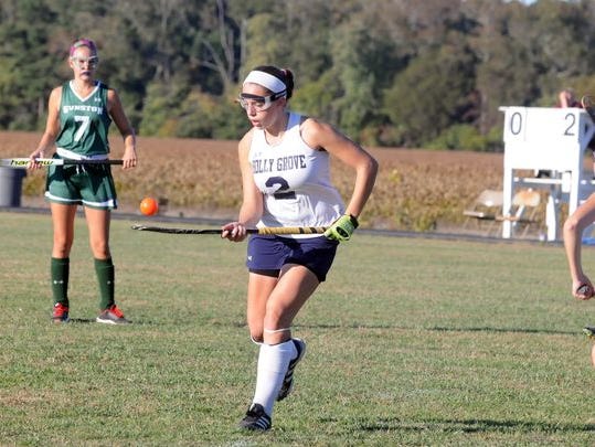Jerri Lankford (2) juggles a ball on her field hockey stick during Holly Grove Christian School's 2-0 Eastern Shore Independent Athletic Conference playoff win versus Gunston Day School on Wednesday, Oct. 21, 2015.